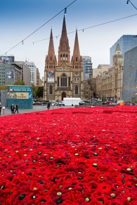 Lynn Berry’s stunning Anzac tribute '5,000 Poppies Project', designed by Australia’s most awarded landscape team Phillip Johnson Landscapes, is unveiled at Federal Square, Melbourne.